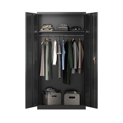 AOBABO Large Metal Wardrobe Style Storage Cabinet with 3 Adjustable Shelves, Cloth Rail, and Lockable Doors for Home Organization