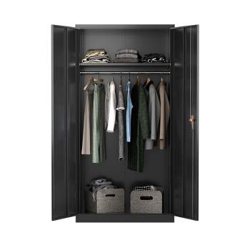AOBABO Large Metal Wardrobe Style Storage Cabinet with Adjustable Shelf, Cloth Rail, and Lockable Doors for Home Organization, Black