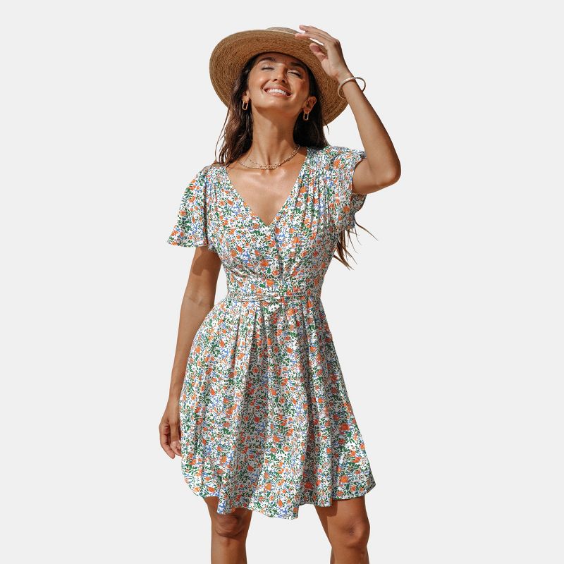 Women's Floral V-neck Button Wrap Tie Short Sleeve Mini Dress - Cupshe, 1 of 8