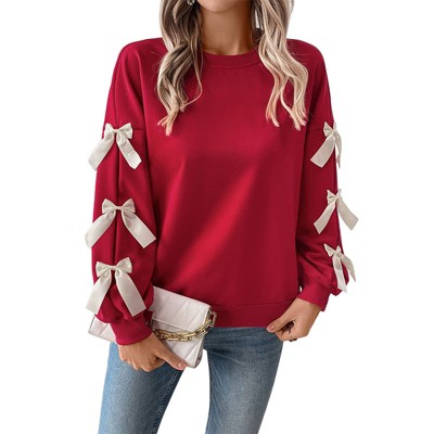Clearlove Women's Sweet Style Bow Detail Christmas Red Relaxed Fit Pullover Holiday Casual Brunch Sweater Everyday Comfort