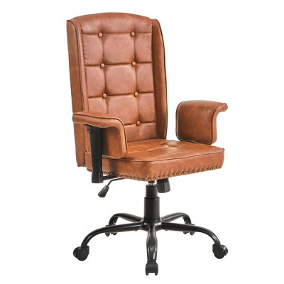VECELO Ergonomic Leather Office Chair, Adjustable Swivel Desk Chair with Armrests & Lumbar Support, Black/Brown