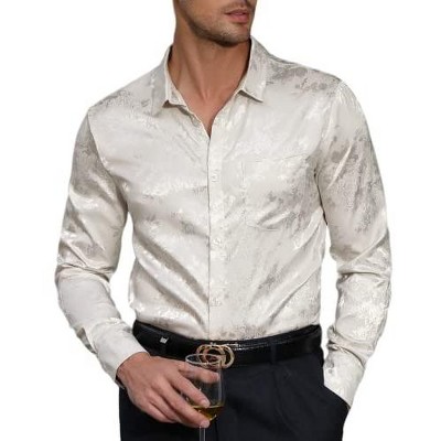 Men's Floral Jacquard Dress Shirt Long Sleeve Button Down Shirts Luxury for Wedding Party Prom