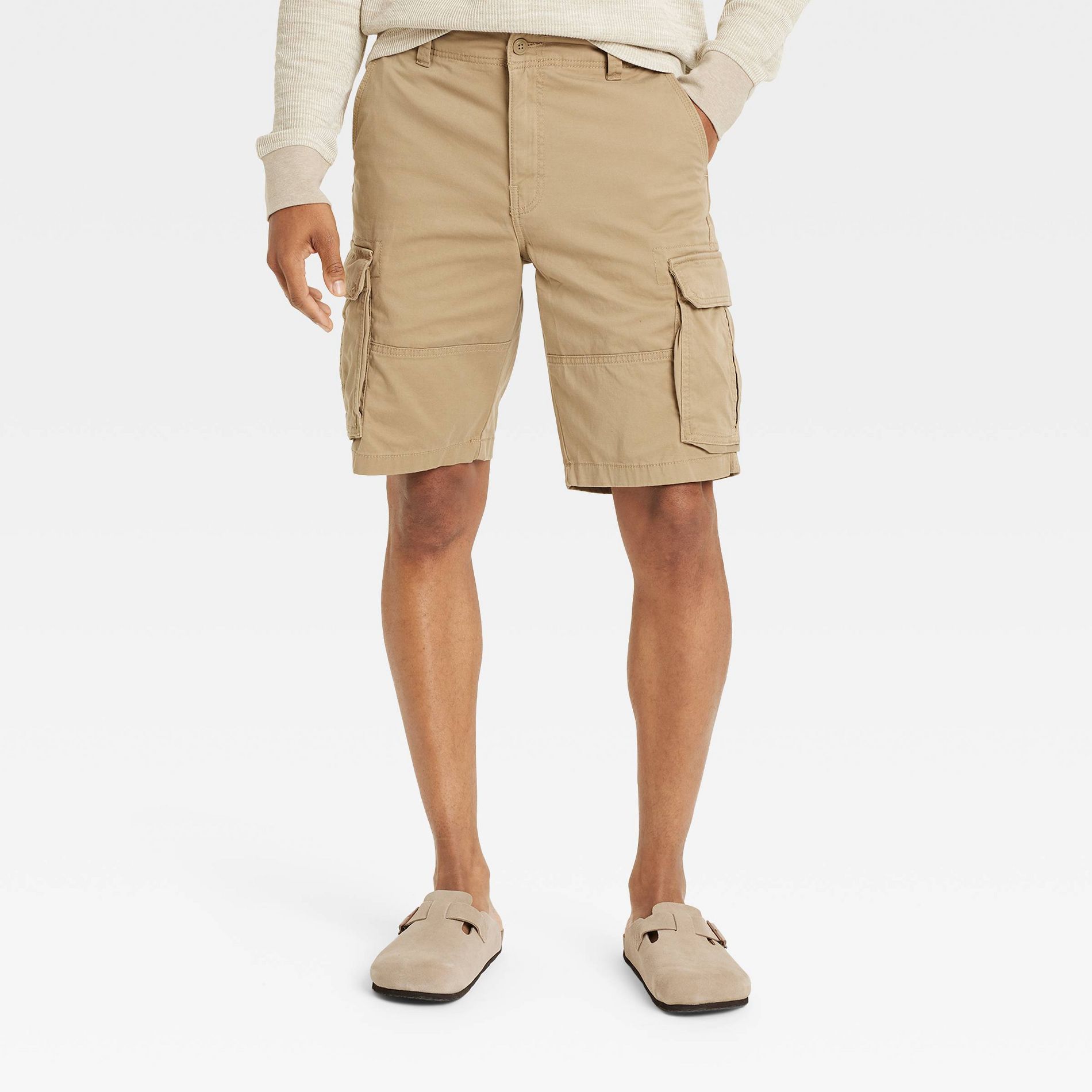 Men's 11" Cargo Shorts - Goodfellow & Co™ Tan 32: Midweight Cotton-Spandex, Below Knee