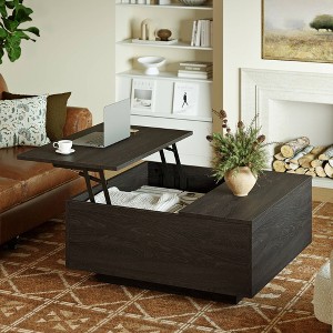 WOWLIVE Lift Top Coffee Table with Hidden Storage,Wooden Square cocktail table for Living Room,Walnut - 1 of 4