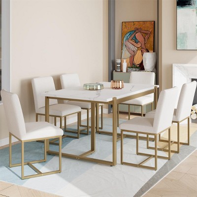 7 Piece-Dining Set for 6 with Faux White Marble Dining Table 6 Upholstered Dining Chairs with Gold Metal Base-Tanpinhause