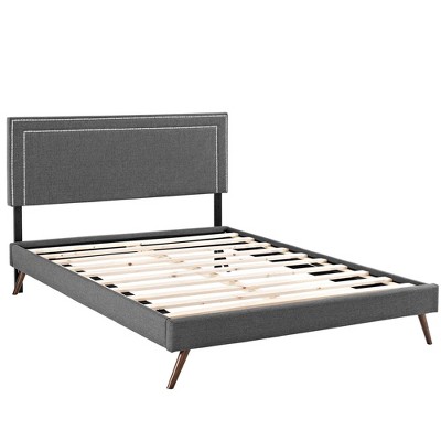 Gray Queen Upholstered Platform Bed with Nailhead Trim