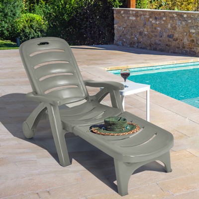 Gray Adjustable Outdoor Chaise Lounge with Arms and Wheels