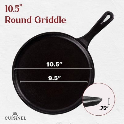 Cuisinel 10.5'' Black Cast Iron Round Griddle with Red Silicone Handle
