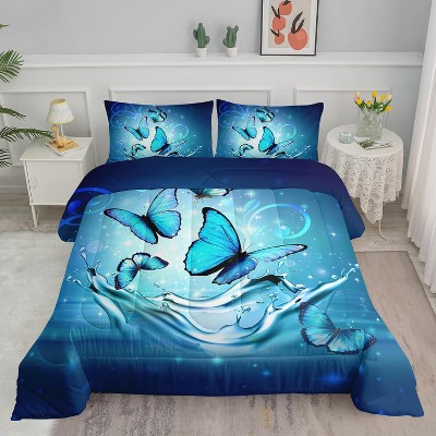 3Pcs Blue Butterfly Comforter Set Twin Size – Flying Butterfly Bedding with 1 Comforter & 2 Pillowcases, Glitter Water Print Quilt Set for Girls