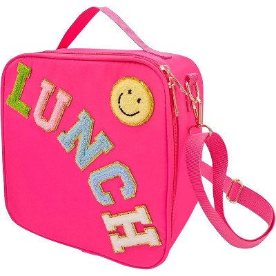 Insulated Lunch Bag With Adjustable Shoulder Strap, Nylon Preppy Lunch Box Reusable Lunch Tote Bag with Smiley Preppy LunchBag for Girls School