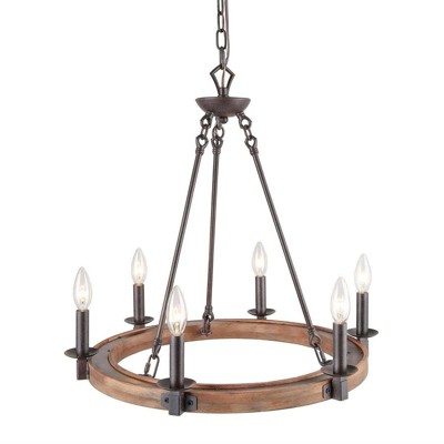 LNC Laius 6-Lights 22.8"Wagon Wheel Farmhouse Candle Chandelier,Rustic Broand and Brown Wood Tone