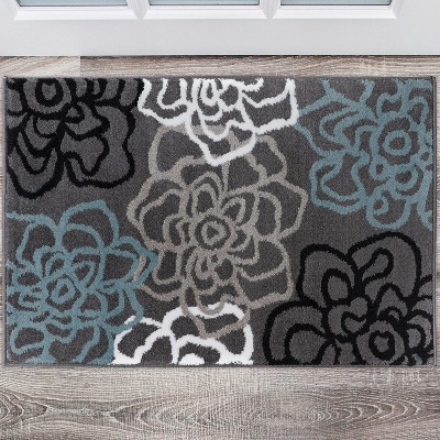Elegant Gray Floral Synthetic Round Rug 2' x 3'