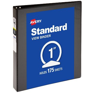 Avery Standard View 3 Ring Binder, 1" Round Rings, 175-Sheet Capacity, 1.4 Inch Wide Spine, 1 Black Binder, Ideal for Lightweight Organization