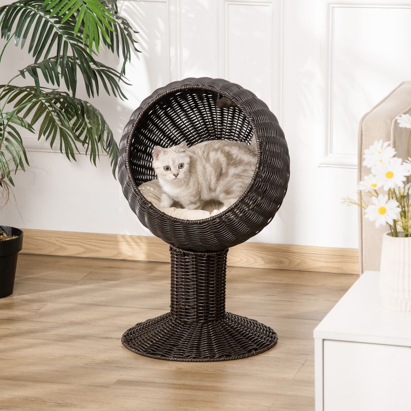 PawHut Hooded Elevated Cat Bed Rattan Kitten Condo Round with Cushion, 3 of 9