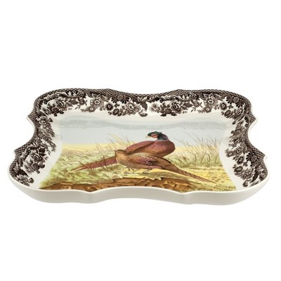Spode Woodland Devonia Tray - 250th Anniversary Collectible Pheasant Motif, 14" Porcelain Serving Platter with British Flowers Border