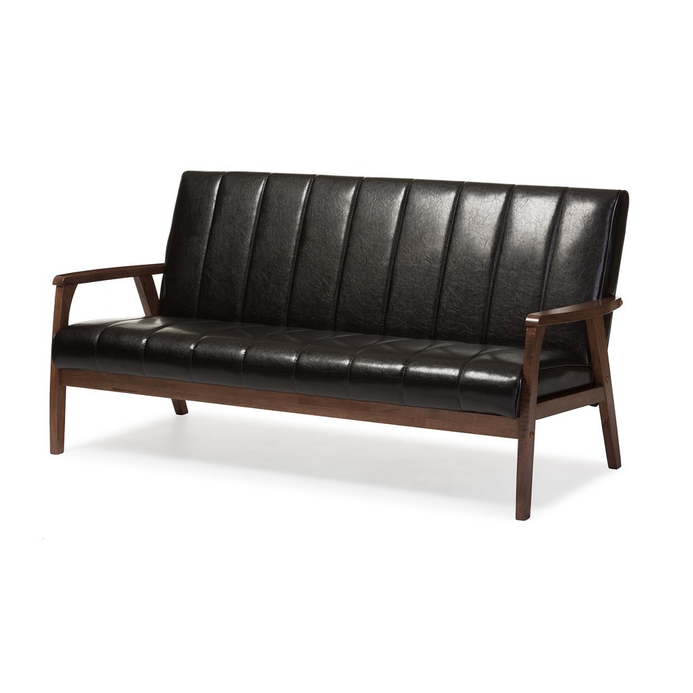 UPC 847321052338 product image for Nikko Mid-Century Modern Scandinavian Style Faux Leather Wooden 3 Seater Sofa Da | upcitemdb.com