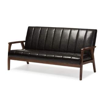 Nikko Mid-Century Modern Scandinavian Style Faux Leather Wooden 3 Seater Sofa - Baxton Studio