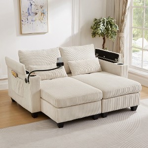 63" Corduroy Convertible Loveseat Chaise Sofa with USB Ports, Cup Holders and Storage - 1 of 4