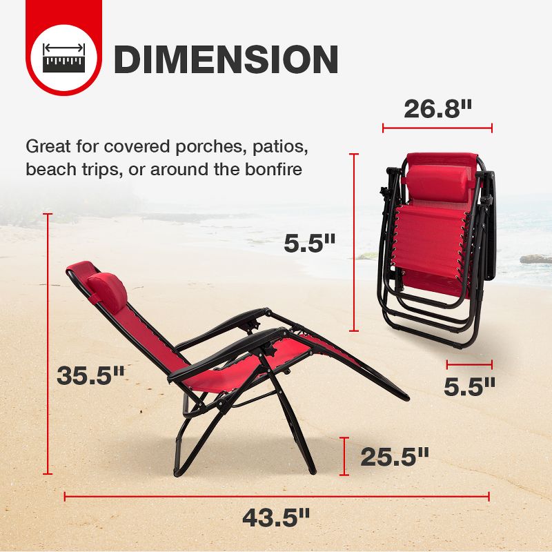 Elevon Adjustable Zero Gravity Recliner Lounge Chair with Cup Holder for Outdoor Deck, Patio, Beach or Bonfire, Weight Capacity 300 Pounds, Burgundy, 4 of 7
