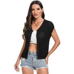 Clearlove Women's Short Cap Sleeve Openwork Knit Sweater Vest V Neck Sleeveless Button Up Tight Sweater Vest - 1 of 4