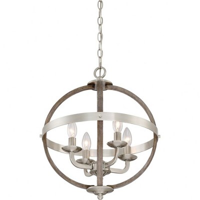 Brushed Nickel Cage 4-Light Chandelier with Faux Wood Accents