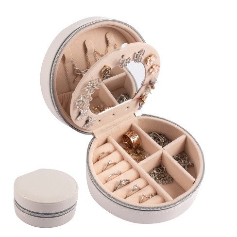 Zodaca Small Travel Jewelry Organizer Case with Mirror Rings Earrings Necklaces Storage Box Gifts for Women White