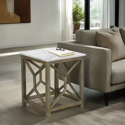 Royal Hampton End Table with 22" White Marble Top & Geometric Mango Wood Frame