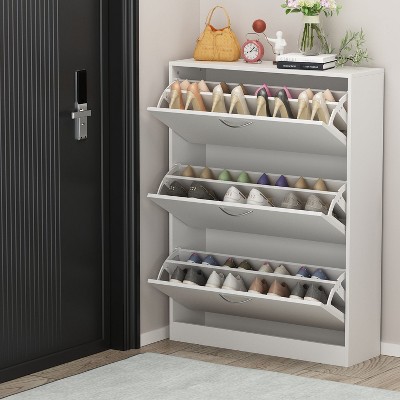 White MDF 3-Drawer Shoe Storage Cabinet with Metal Handles