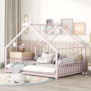 CAVINAS Twin/Full Size House Platform Bed Frame with Fence,Metal Floor Bed for Kids Room,Bedroom - 1 of 4