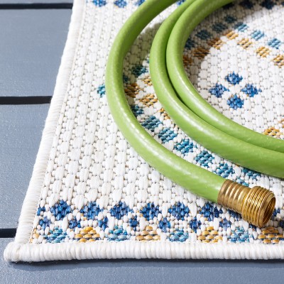 Ivory and Navy Yellow Geometric Square Indoor/Outdoor Rug