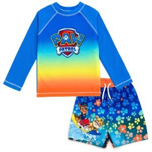 Paw Patrol Chase Marshall Rubble UPF 50+ Rash Guard Swim Trunks Outfit Set Toddler - 1 of 4