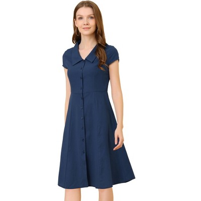 Allegra K Women's Short Sleeve Cotton Work Collar Midi Button Down A Line Dresses