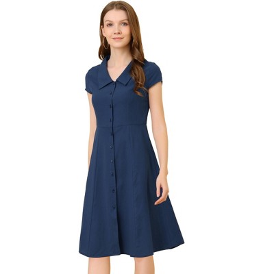 Allegra K Women's Short Sleeve Cotton Work Collar Midi Button Down A Line Dresses  Navy Blue Small : Target