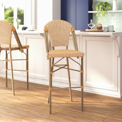 Natural and White Rattan Bistro Bar Stools with Bamboo Finish