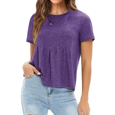 EXLURA Womens Summer Cute Crop Tops Short Sleeve Pleated T-shirts Crewneck Blouse
