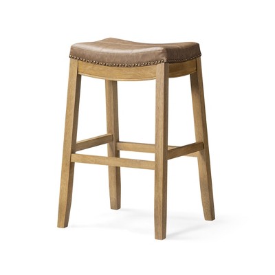 Maven Lane Sophia Backless Bar Stool In Aged Natural Finish with Desert Tan Vegan Leather