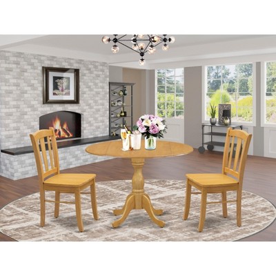 East West Furniture -  3-Pc Dinette Set- 2 Mid Century Chair with Wooden Seat and Slatted Chair Back - Dropleafs dining table - Mahogany Finish