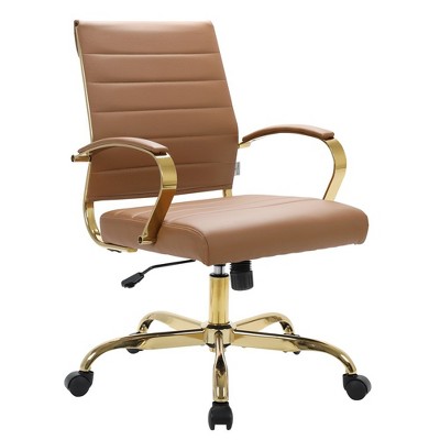LeisureMod Benmar Leather Office Chair with Gold Accents, Adjustable Height, and Swivel Base