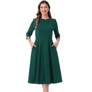 INSPIRE CHIC Women's 3/4 Sleeve Pleated Round Neck Pockets A-Line Swing Work Midi Dress - 1 of 4