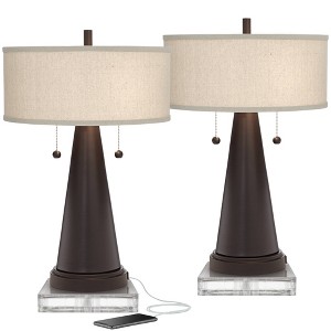 Franklin Iron Works Craig Rustic Farmhouse Table Lamps Set of 2 with Square Risers 24 1/2" High Bronze with USB Charging Port Natural Shade for Desk - 1 of 4