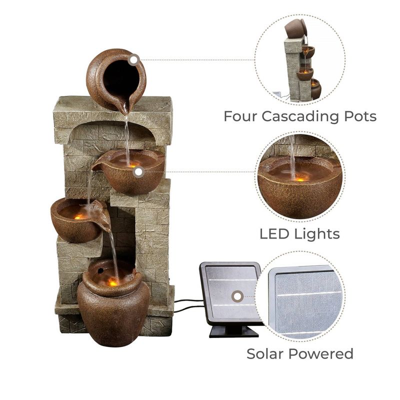 28.5&#34; Solar Powered Outdoor Waterfall Fountain with Two Pots, Two Bowls - Natural - Teamson Home, 4 of 13
