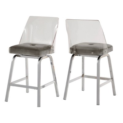 Inspire Q Set of 2 24" Svana Chrome Finish Velvet Swivel Counter Height Barstools Gray: Modern Acrylic Frame, Upholstered