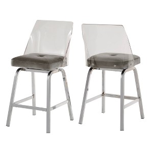 Inspire Q Set of 2 24" Svana Chrome Finish Velvet Swivel Counter Height Barstools Gray: Modern Acrylic Frame, Upholstered - 1 of 4