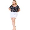 Agnes Orinda Women's Plus Size Floral Short Sleeve Beach Square Hollow Tassel Tie Neck Peasant Tops - 3 of 4