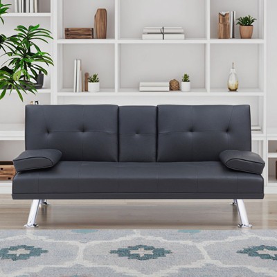 Aukfa 67" Convertible Folding Futon Sofa Bed Leather w/Cup Holders & Armrests