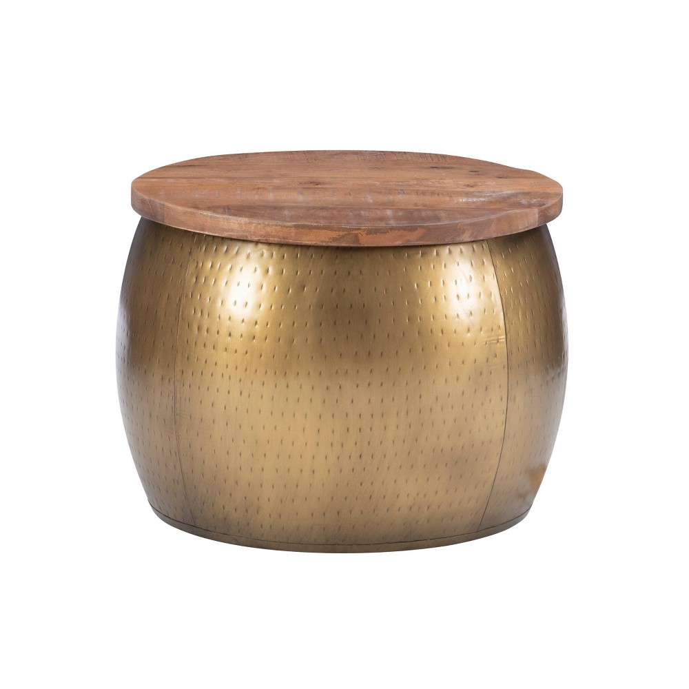 Photos - Coffee Table Small Beaton Boho Hammered Drum Side Table with Storage in Brass Solid Woo