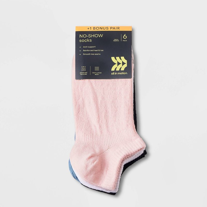 Women&#39;s Lightweight Mesh Striped L-Band 6+1 Bonus Pack No Show Athletic Socks - All In Motion&#8482; Pink/Blue/Gray/White 4-10, 3 of 5