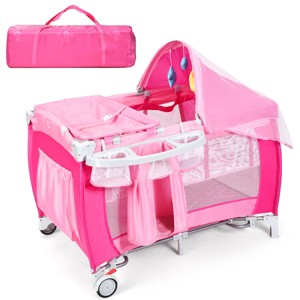 Infans 4-in-1 Portable Baby Playard w/Changing Table, Diaper Storage Bag, Music Box, Wheels with Brake, Foldable Newborn Play Yard w/Carry Bag, Pink - 1 of 4