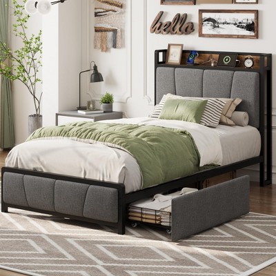 Twin-XL Size Bed Frame with 2 Storage Drawers and Charging Station