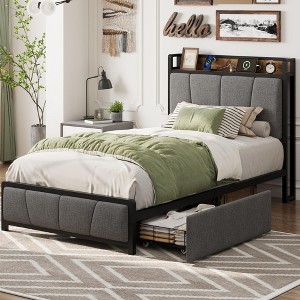 Twin-XL Size Bed Frame with 2 Storage Drawers and Charging Station - 1 of 4
